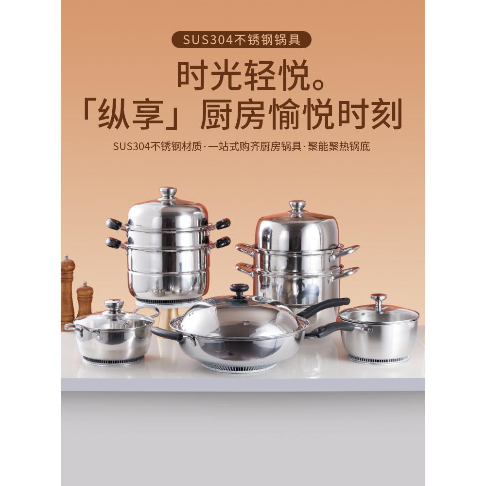 节能翅片炒锅食品级304不锈钢家用多层加厚蒸锅速热高效汤锅奶锅