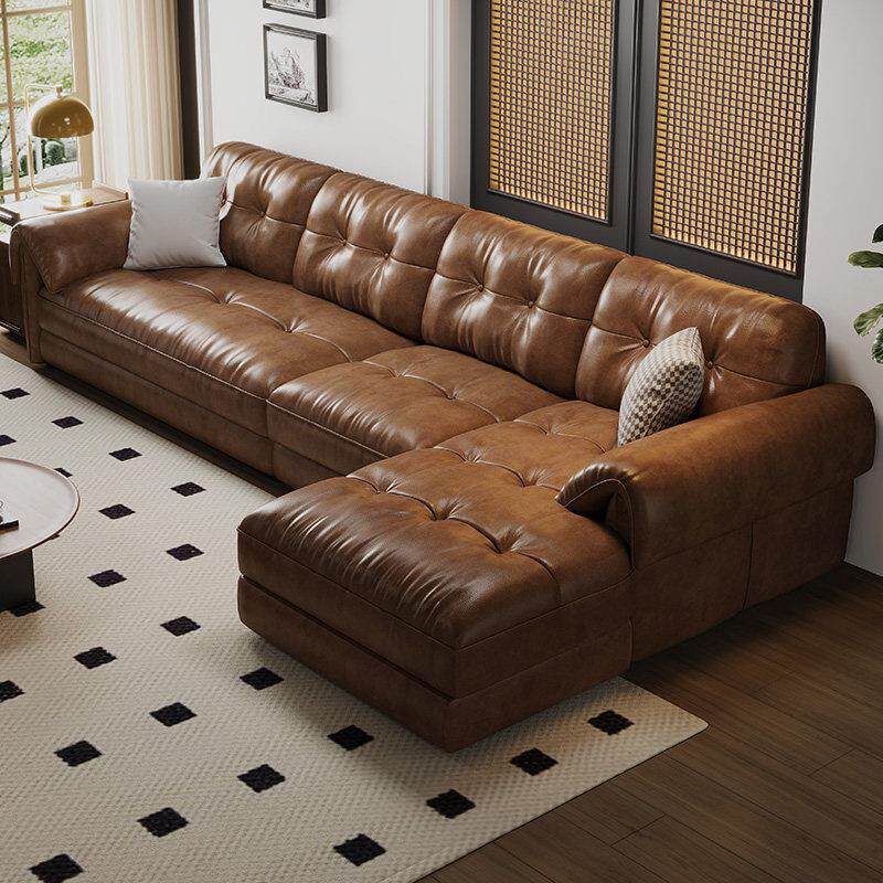 真皮沙发意式极简头层牛皮焦糖色覆古风直排贵妃客厅大象耳朵沙发