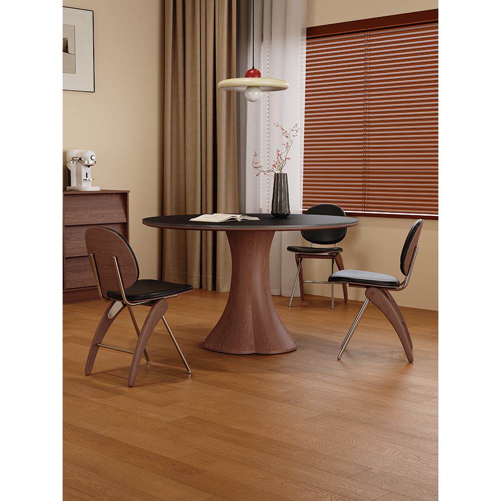 实木圆形餐桌法式覆古家用小户型高端意式极简黑色岩板餐桌椅组合