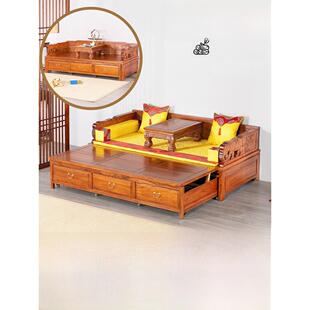 老榆树罗汉床滑动床中国实木可伸缩客厅沙发床两用罗汉床小公寓拉