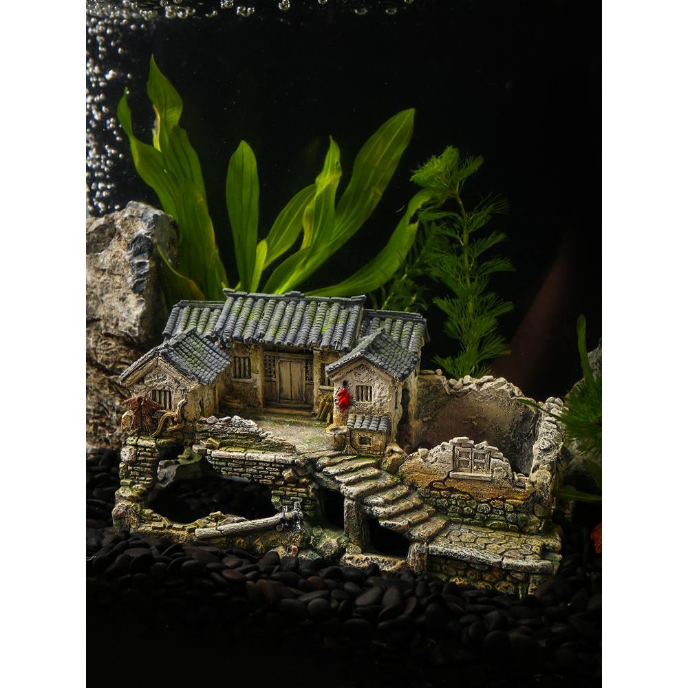 水族箱假山鱼缸造景装饰品鱼虾躲避屋建筑模型老房子微景观小摆件