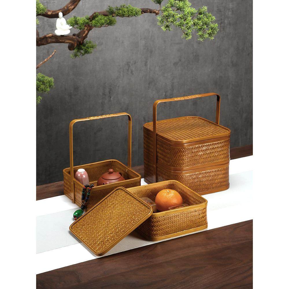 覆古竹编提篮双层食盒茶具收纳篮防尘茶点盒古风道具水果篮子旅行