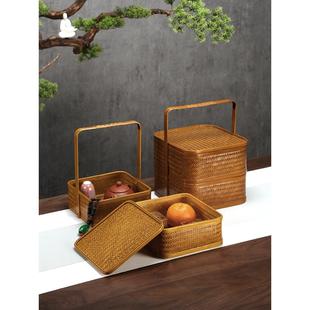 覆古竹编提篮双层食盒茶具收纳篮防尘茶点盒古风道具水果篮子旅行