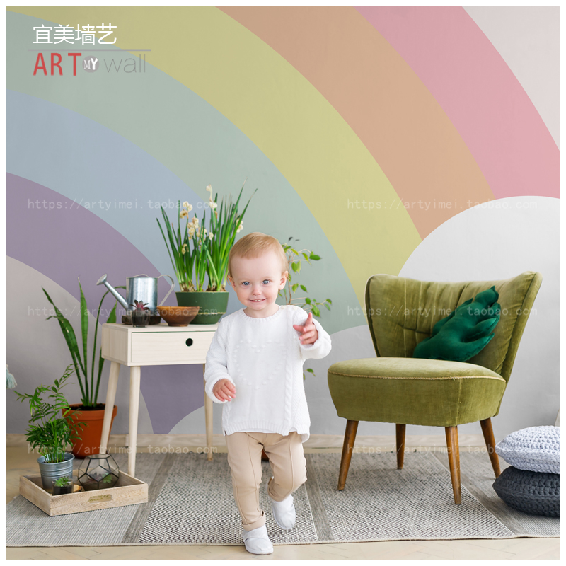 热销彩虹壁纸儿童房墙纸北欧现代简约男孩女孩卧室定制墙布无缝婴