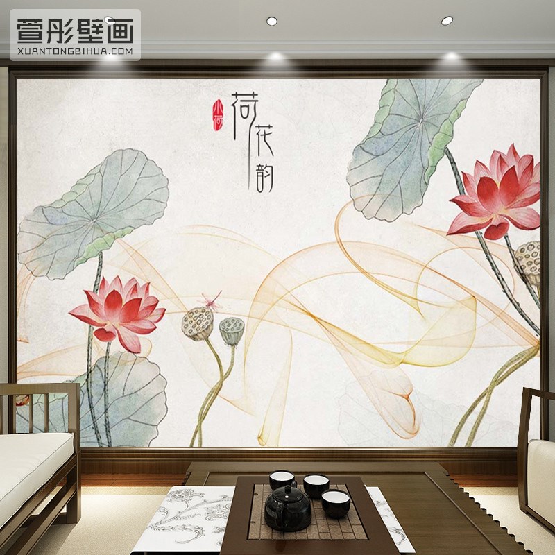热销简约新中式背景墙壁布客厅电视墙纸沙发墙布茶室现代荷花韵壁