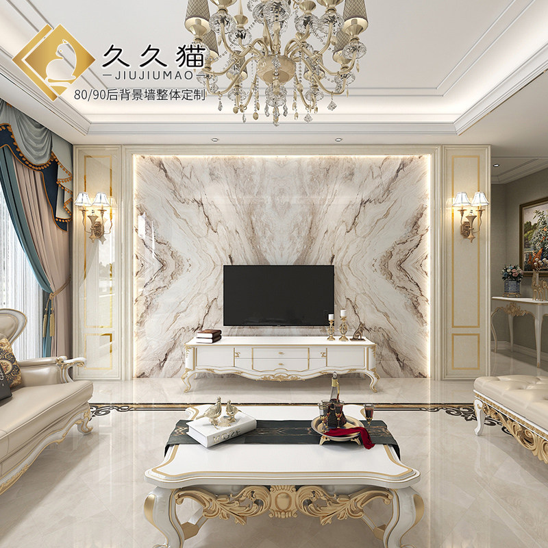 热销北欧瓷砖背景墙别墅欧式复式护墙板轻奢岩板电视墙罗马柱大理