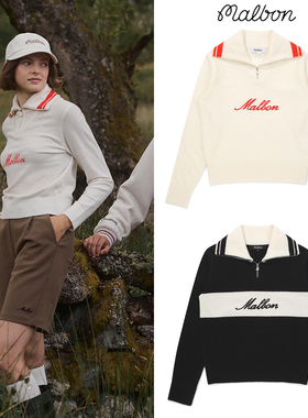 韩国MALBON高尔夫女装时尚翻领半拉链长袖针织衫运动休闲高弹保暖