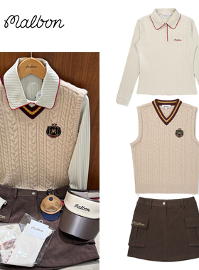 韩国MALBON高尔夫女装运动休闲套装长袖T恤扭纹v领背心防走光短裙