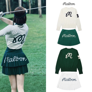 韩国MALBON高尔夫服装女款运动休闲套装长袖针织衫时尚百褶裙短裙