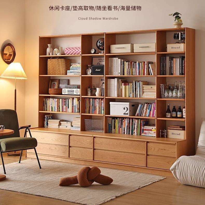 北欧樱桃木组合书柜日式全实木客厅满墙书架落地带卡座展示收纳柜