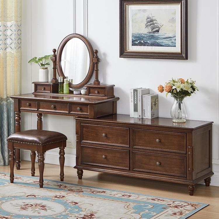 爆款美式全实木梳妆台卧室可伸缩转角带斗柜化妆桌床尾柜收纳柜