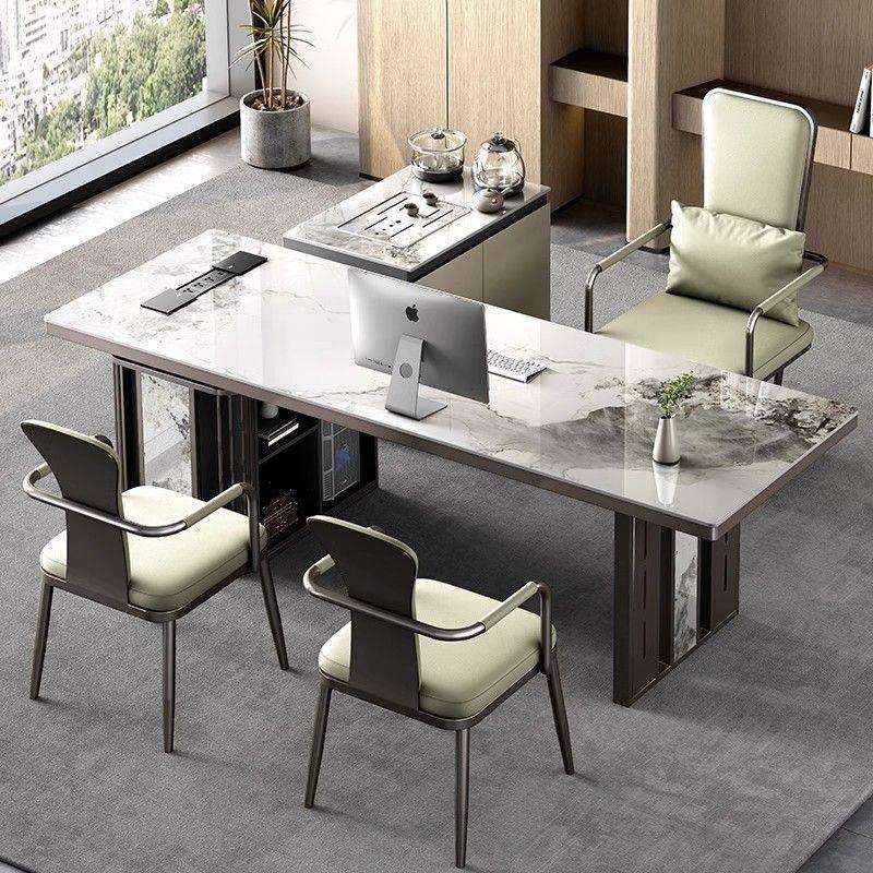 轻奢岩板办公桌茶桌现代家用书房台式电脑书桌老板桌带茶台一体式