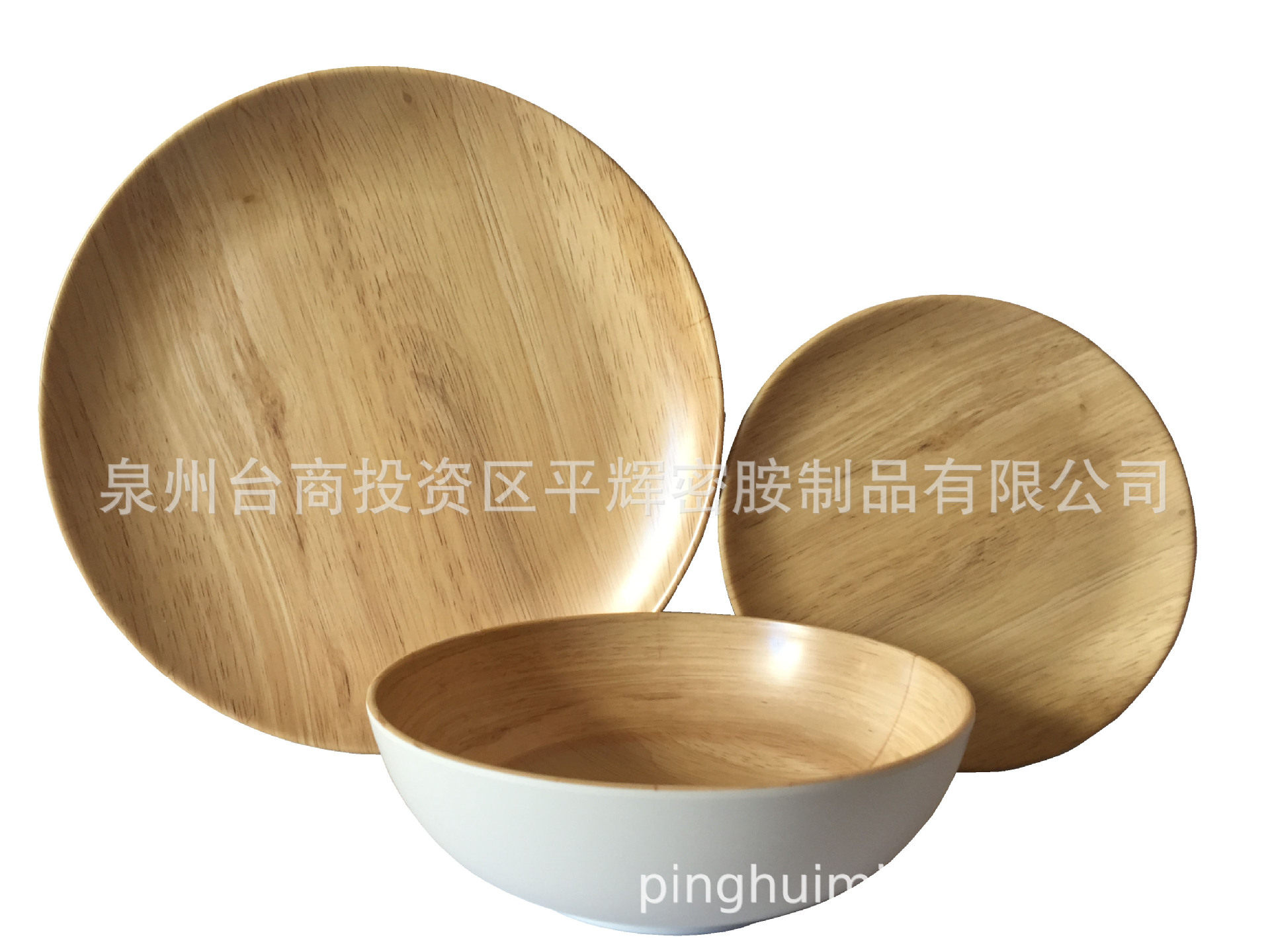 密胺黄木纹花色哑光磨砂出口美国碗盘12件套塑料仿瓷餐具 浅盘