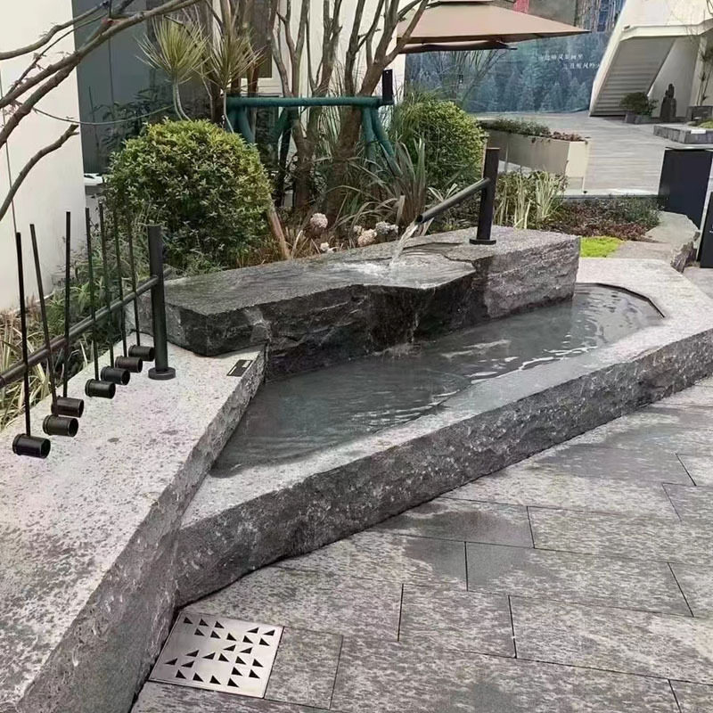 日式黑山石水钵庭院喷泉造景