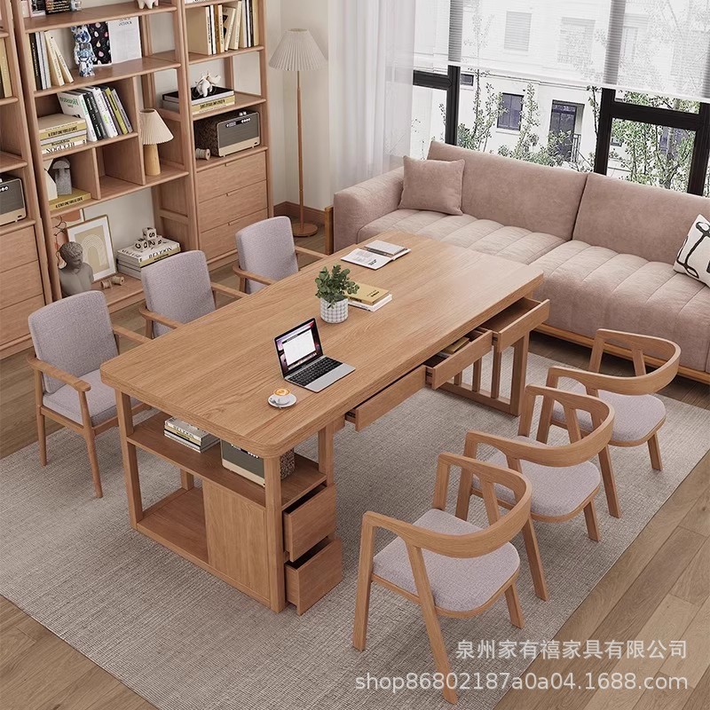 实木客厅大长书桌工作台书柜一体带抽屉学习桌客厅办公桌原木书桌
