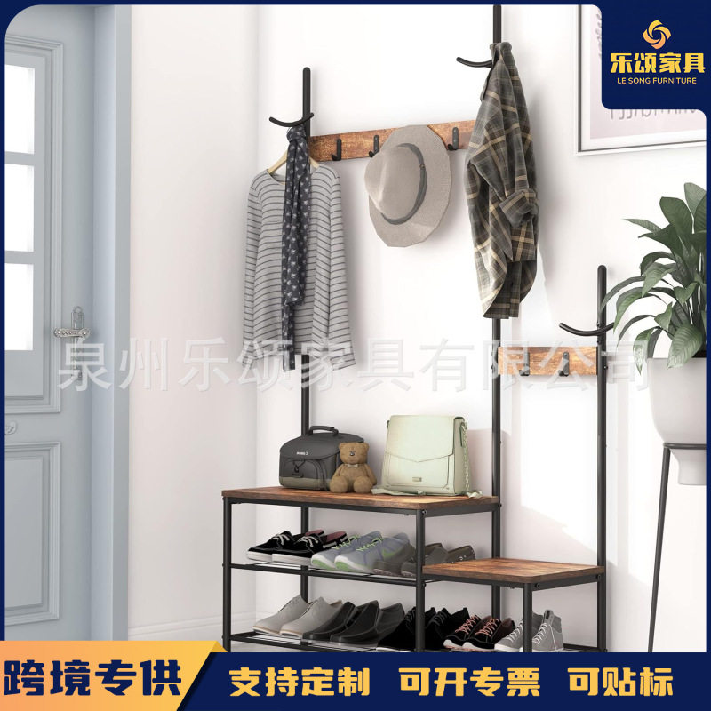 跨境客厅落地衣帽鞋子收纳置物架门口三层鞋子架挂衣服帽架衣帽架