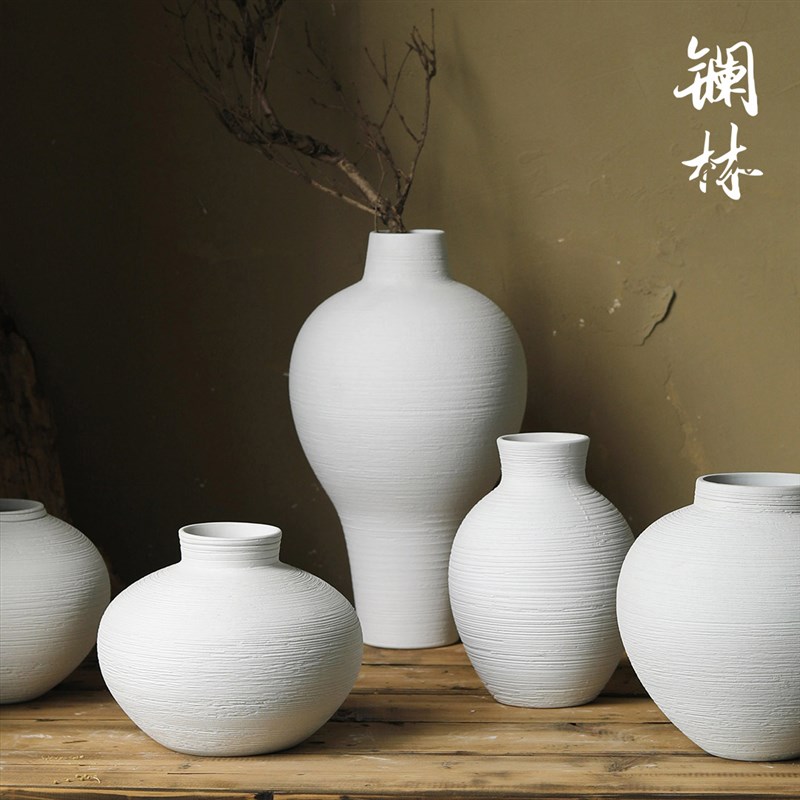 L景德镇陶瓷台面小花瓶粗陶禅意复古中式插乾燥花摆件客厅餐桌装