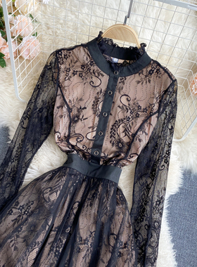 Fitaylor New Spring Autumn Vintage Lace O Neck Floral Print