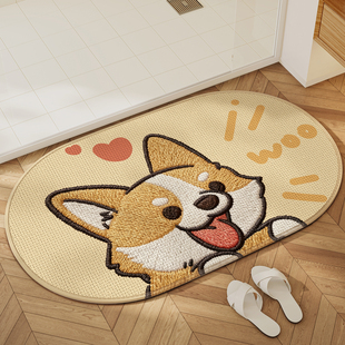 卡通柯基浴室地垫仿亚麻编织家用卫生间门口吸水速干脚垫防滑地毯