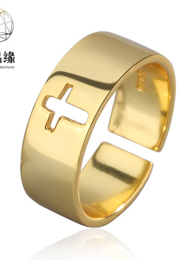 欧美风ins极简镀银十字架戒指女日韩网红轻奢开口戒指食指戒手饰