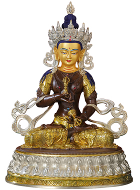 金刚萨埵佛像摆件黄铜古色鎏金银藏密宗10寸双座佛台娑婆三圣佛像