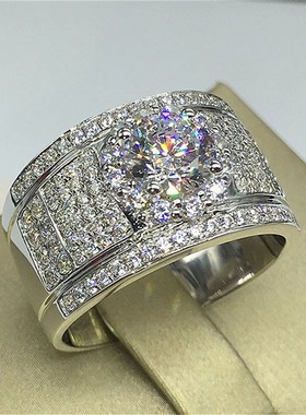 wish个性羣镶微镶满钻锆石满钻大戒指男士奢华满臂镶土豪男人钻戒