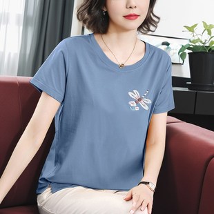 纯棉短袖 t恤女妈妈宽松大码 上衣圆领中老年女士简约小衫 全棉夏季