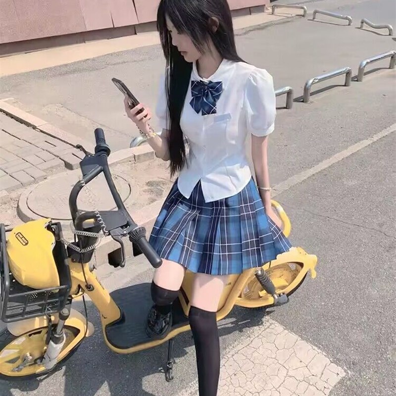 日系jk制服套装收腰衬衫女短袖学院风修身显瘦泡泡袖白色衬衣辣妹