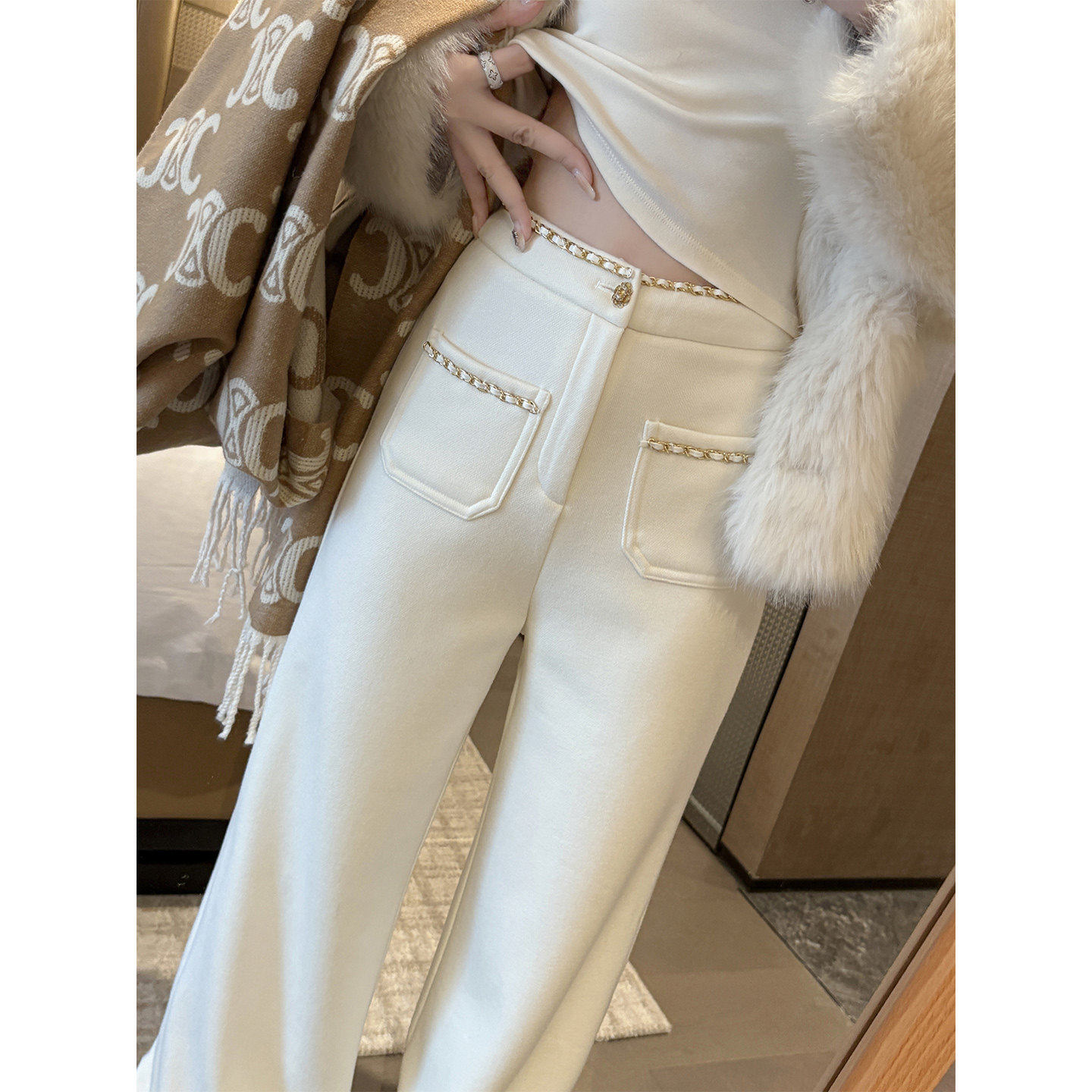 白色小香风加厚裤子女202