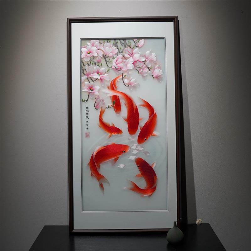 苏绣成品挂画竖版玄关客厅装饰画鱼戏琼花纯手工苏绣中国风刺绣画图片