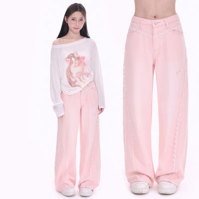 NCXK-蕾丝拼接洗水牛仔裤宽松直筒裤脚磨破KZ25010