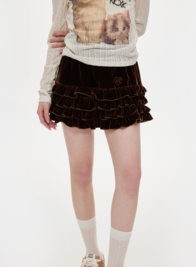 NCXK-秋冬丝绒蛋糕裙高腰半身裙显瘦木耳边百搭蓬蓬裙裤裙QZ223