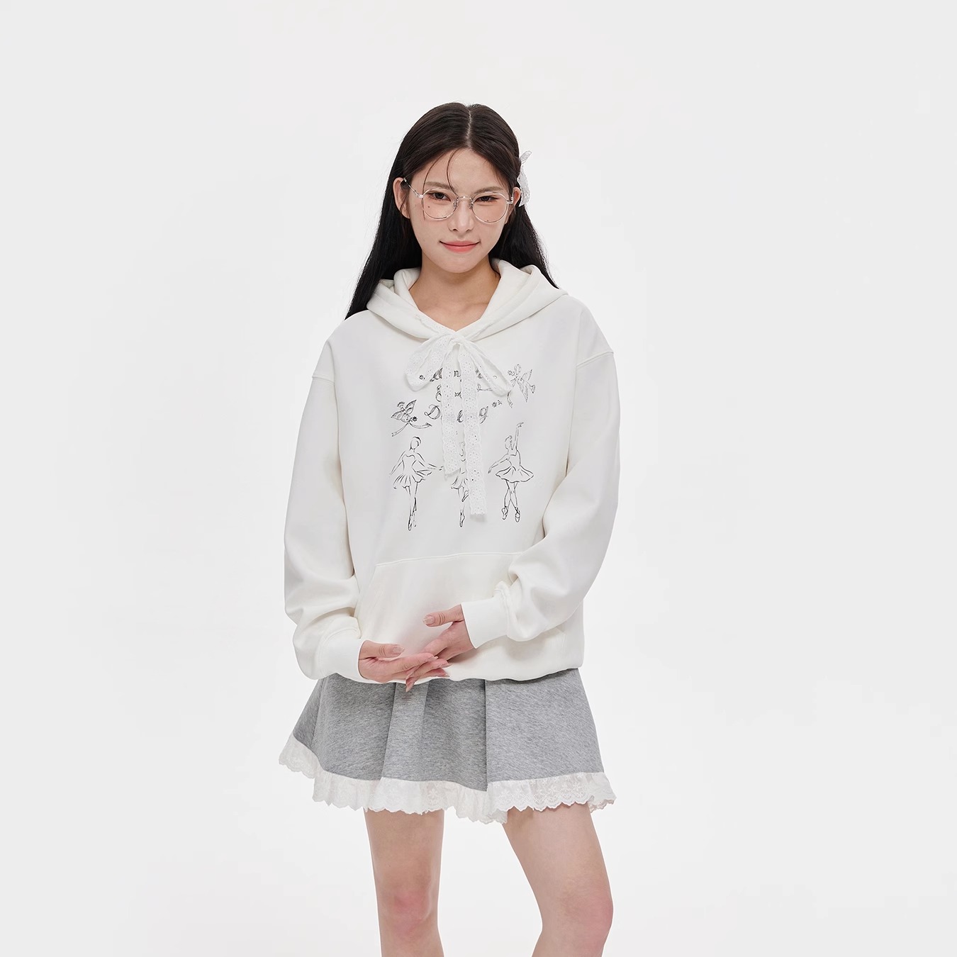 NCXK-芭蕾舞者蝴蝶结印花连帽卫衣蕾丝帽绳甜美休闲宽松WY254