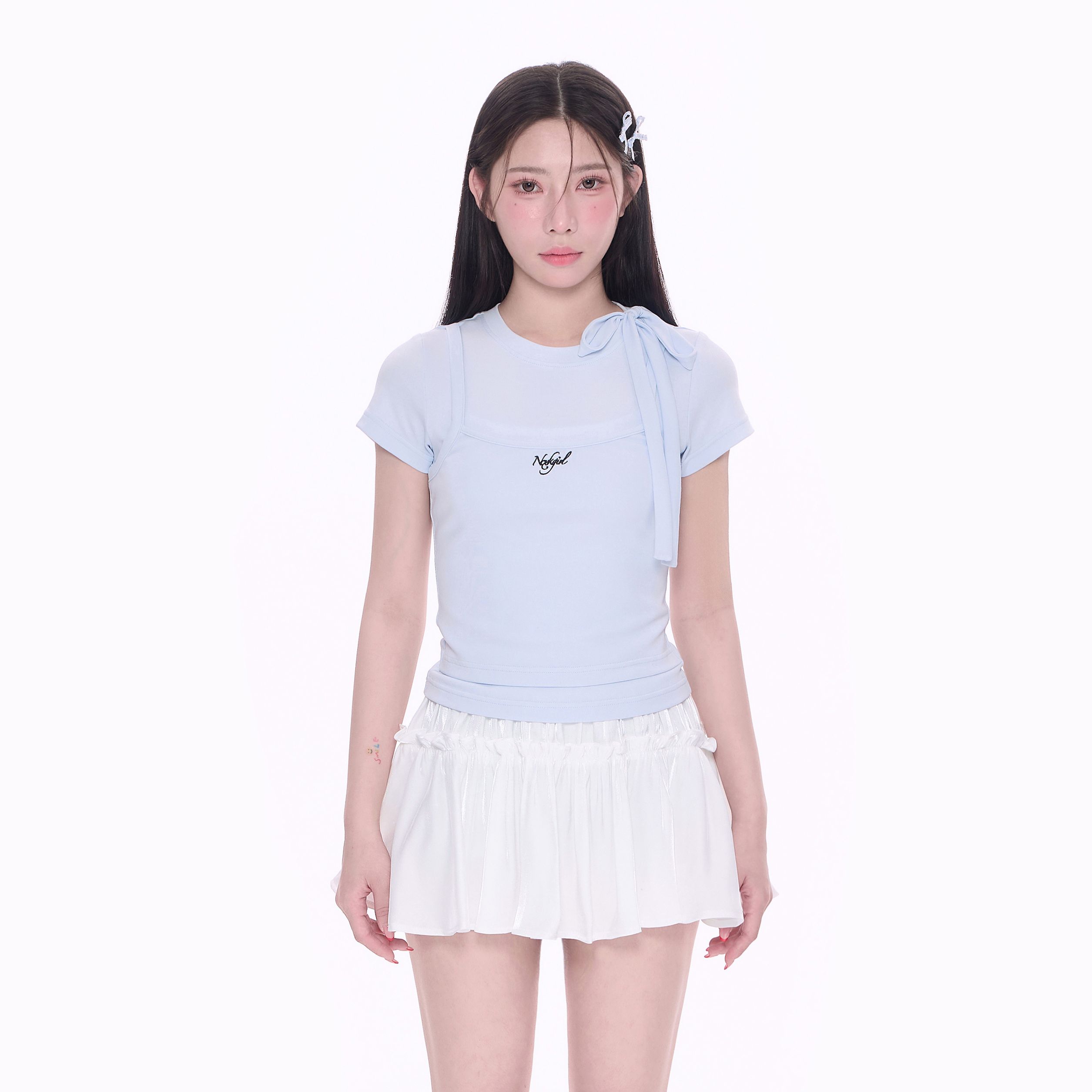 NCXK-立体刺绣绑带设计假两件修身短款短袖正肩显瘦百搭DX25057