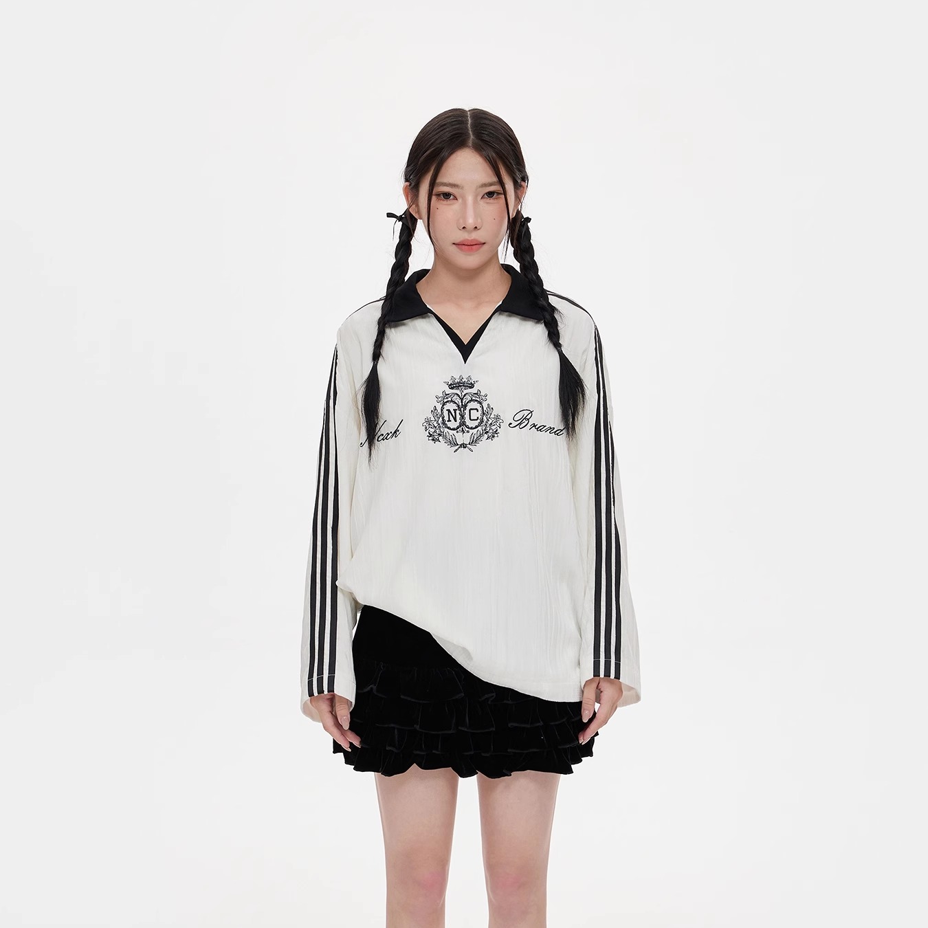 NCXK美式三道杠刺绣丝绒球衣女卫衣T恤POLO领显瘦甜酷秋季CX241