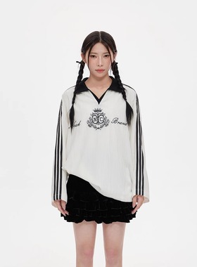 NCXK美式三道杠刺绣丝绒球衣女卫衣T恤POLO领显瘦甜酷秋季CX241