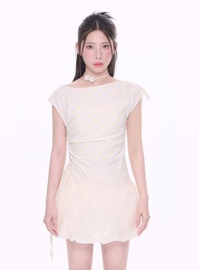 NCXK-侧边抽绳褶皱花苞连衣裙甜美修身显瘦夏季短裙QZ25081