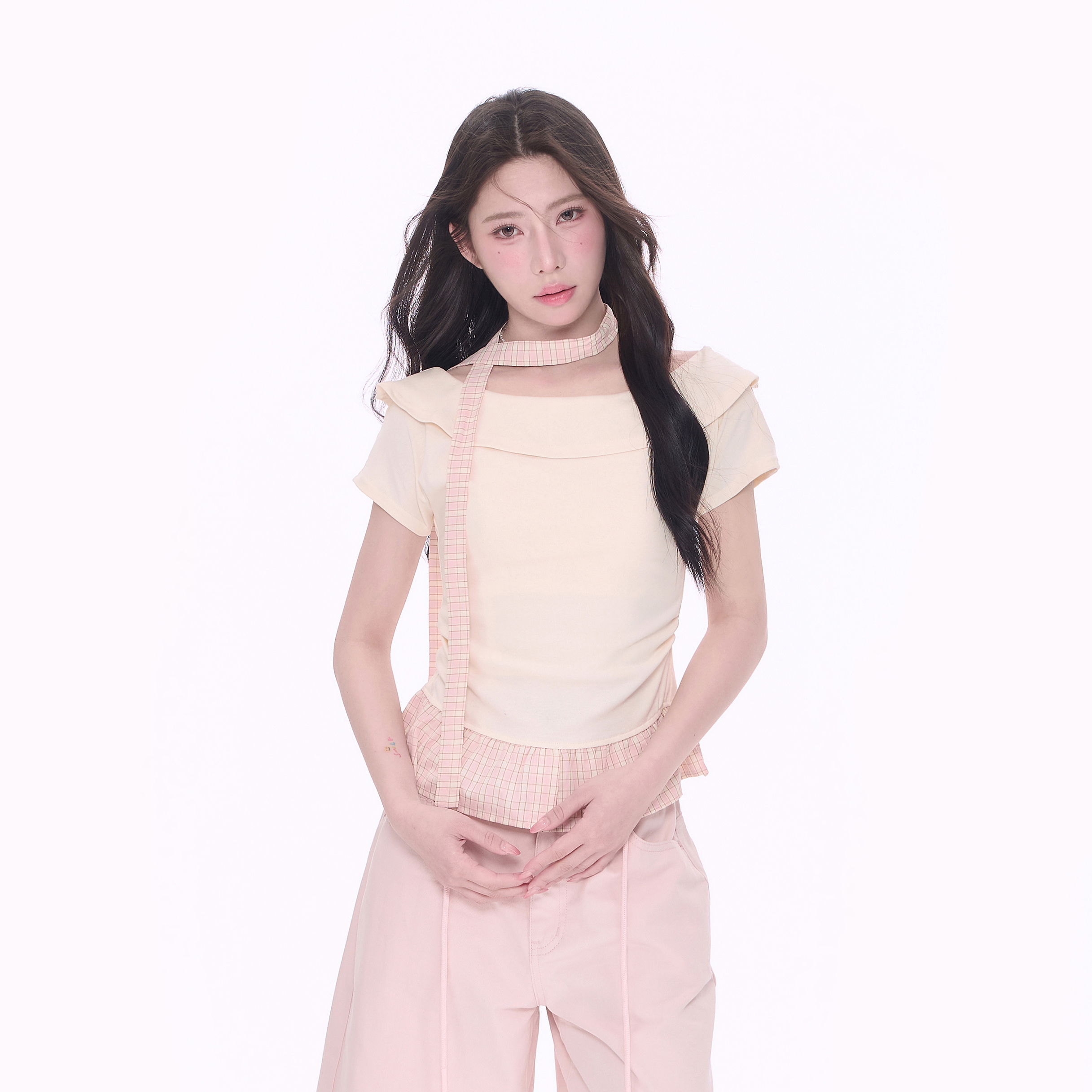 NCXK-韩系假两件拼接格子短袖T恤修身掐腰显瘦带挂脖DX25094