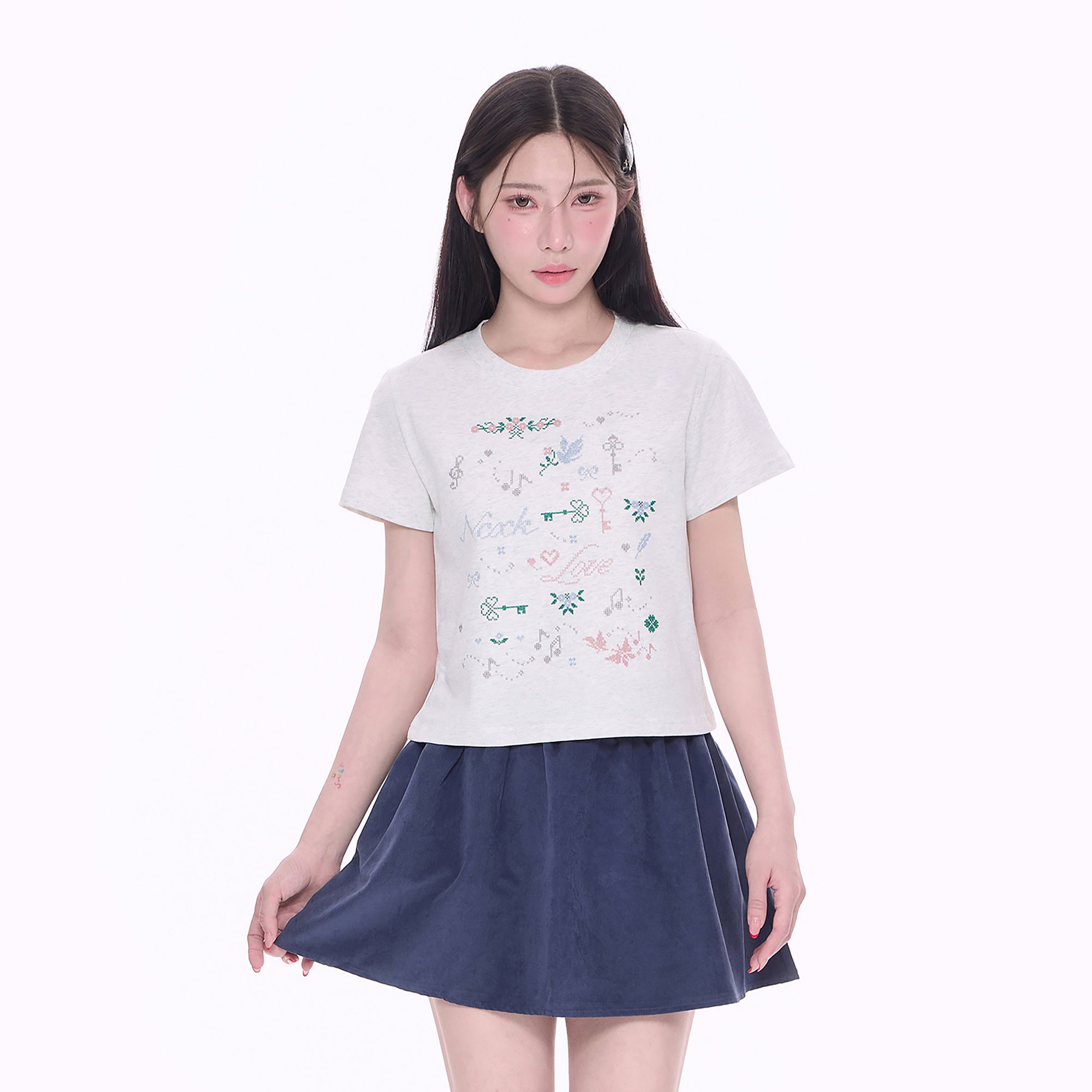 NCXK-音符钥匙十字绣短款短袖T恤正肩显瘦微宽松休闲DX25066