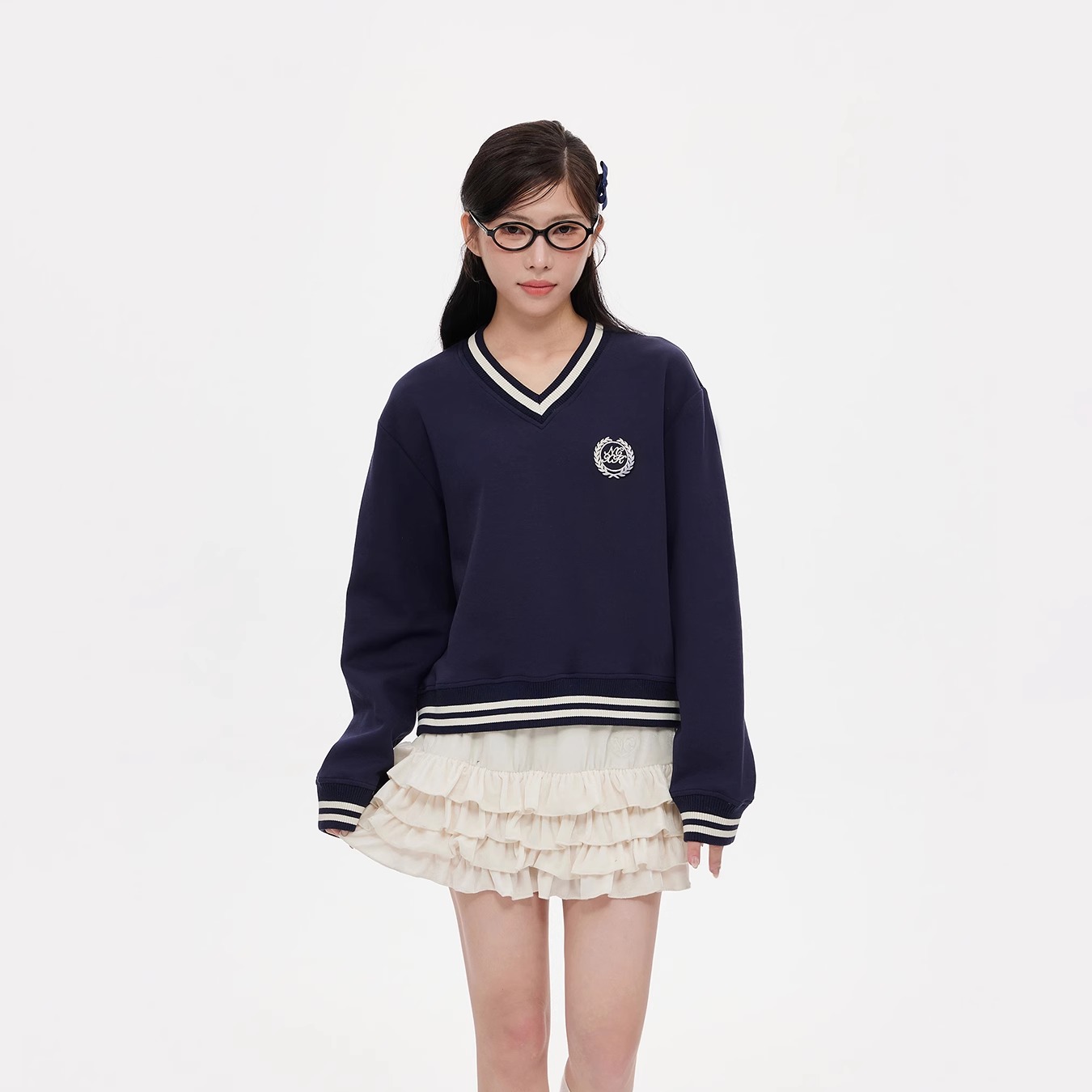 NCXK-美式校园感复古V领撞色小卫衣短款学院风显瘦休闲秋季CX229