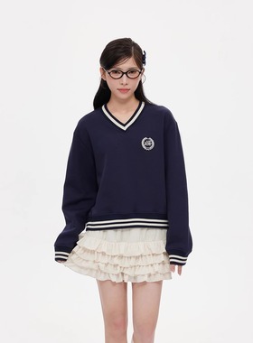 NCXK-美式校园感复古V领撞色小卫衣短款学院风显瘦休闲秋季CX229