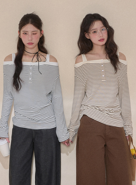 NCXK-秋季复古条纹一字肩长袖T恤露肩吊带显瘦排扣设计感CX25115