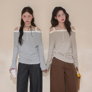 NCXK-秋季复古条纹一字肩长袖T恤露肩吊带显瘦排扣设计感CX25115