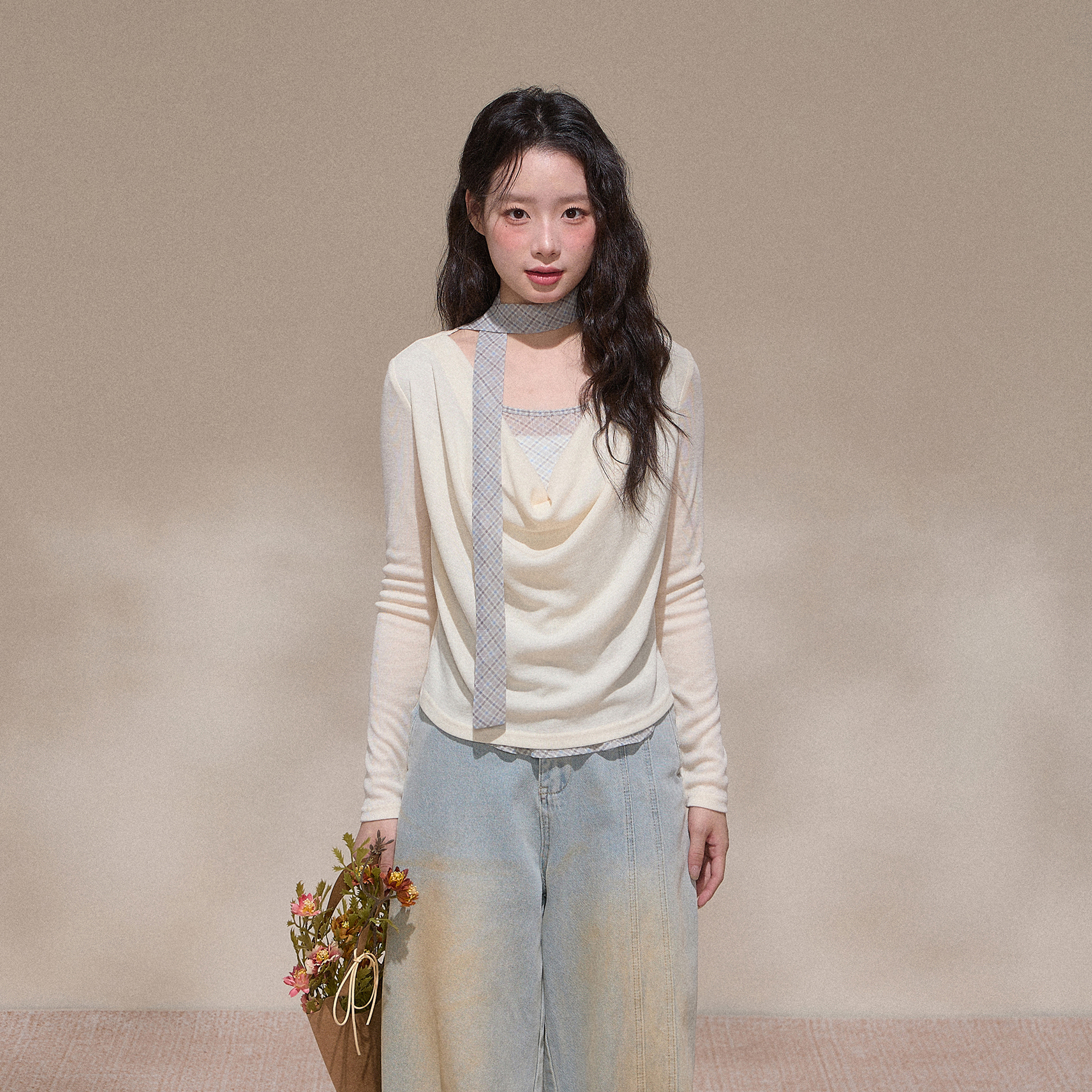 NCXK-法式荡领拼接格子假两件长袖T恤设计感显瘦飘带秋季CX25123