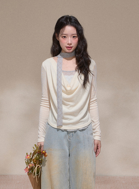 NCXK-法式荡领拼接格子假两件长袖T恤设计感显瘦飘带秋季CX25123