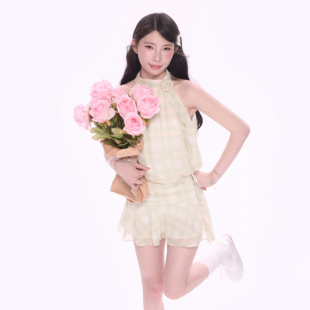 NCXK-水染渐变格纹挂脖连衣裙手工玫瑰花饰森系配安全裤QZ25110