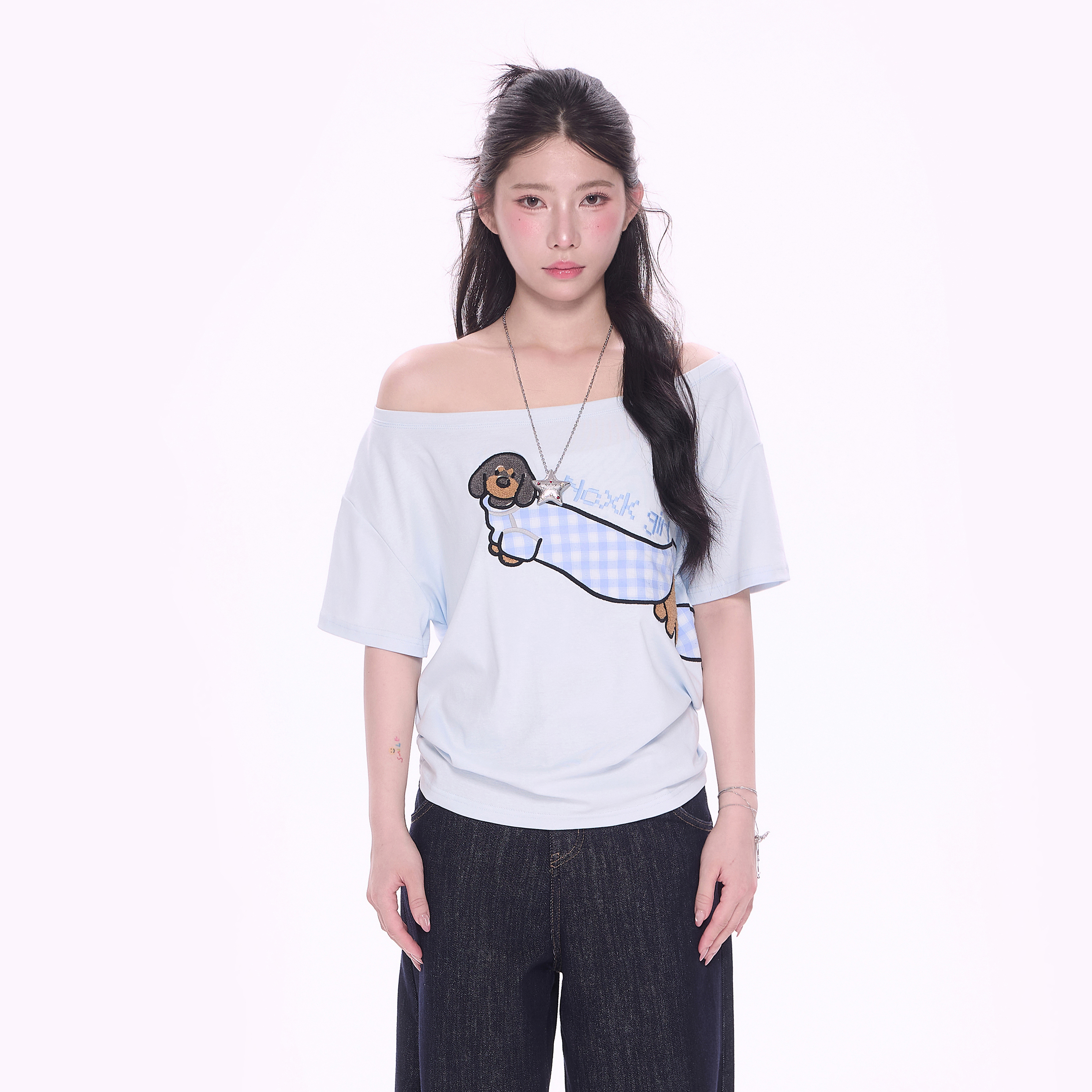 NCXK-可爱腊肠狗刺绣短袖T恤一字斜肩两穿百搭上衣DX25104