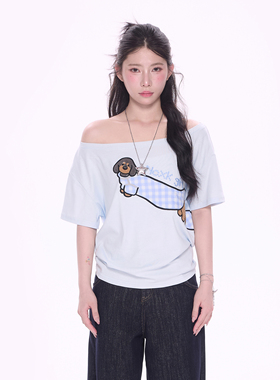 NCXK-可爱腊肠狗刺绣短袖T恤一字斜肩两穿百搭上衣DX25104