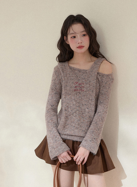 NCXK-刺绣设计感假两件连帽毛衣斜肩露肩小众针织衫MY25146