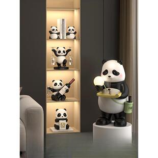 轻奢熊猫酒柜摆件客厅玄关高级感红酒架玻璃柜家居展示装饰品套装